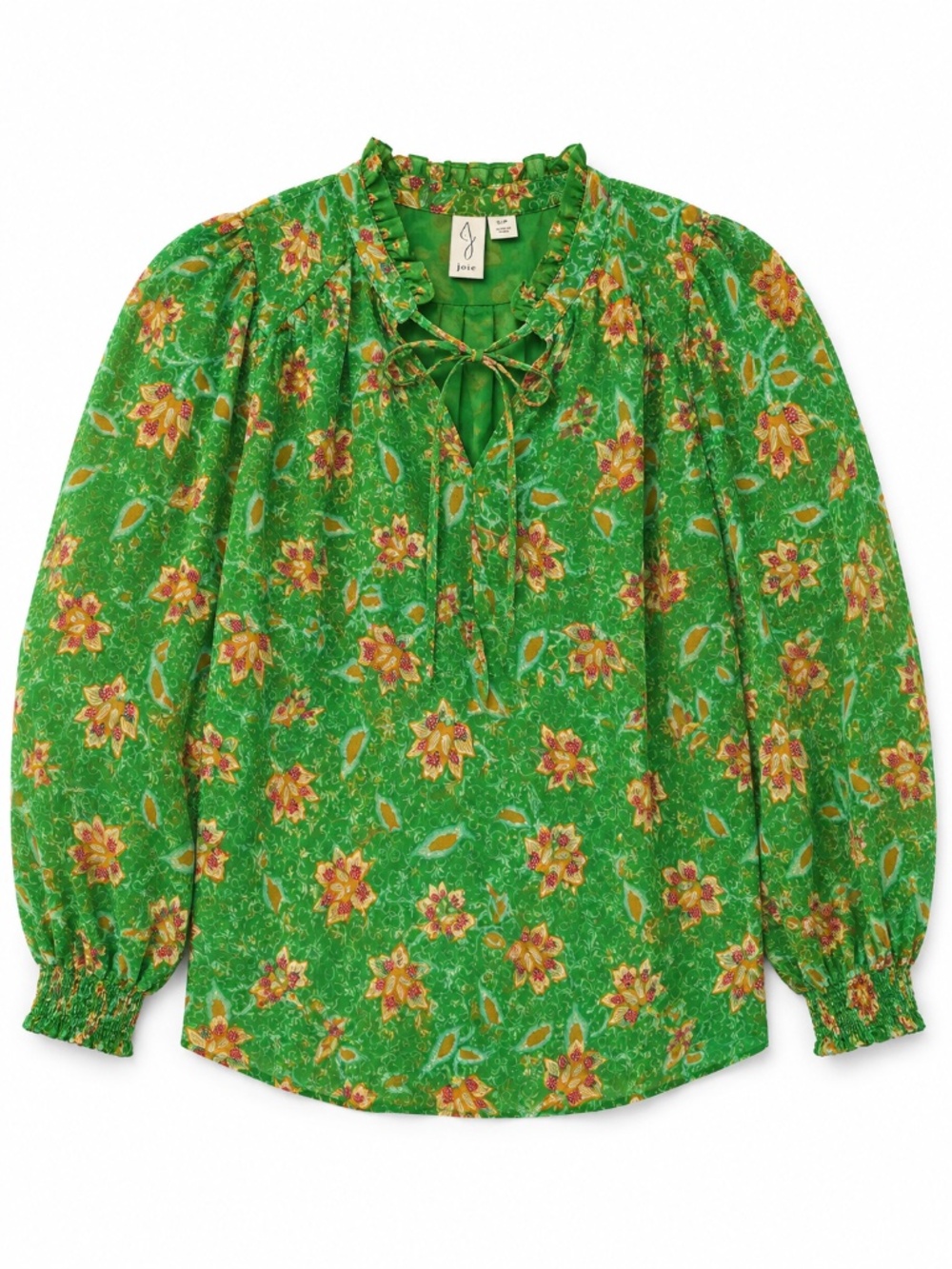 Joie blouse S green blouse floral frill keyhole tie smocked cuffs work office